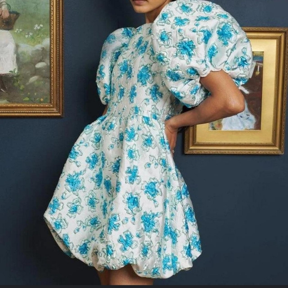 Sister Jane Showcase metallic jacquard mini dress in blue floral